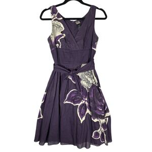Lithe Purple Raised Floral Print Cotton Dress Sz 2 Sleeveless Fit & Flare Anthro